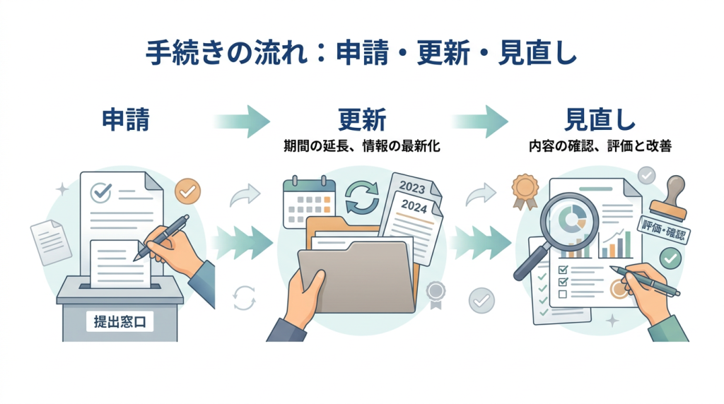 書類や手続きをイメージしたシンプルなビジュアル 申請・更新・見直し