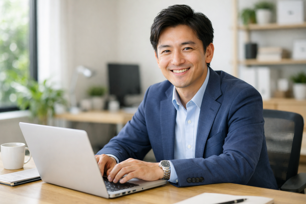 日本人の男性が職場で前向きに働いている様子。 