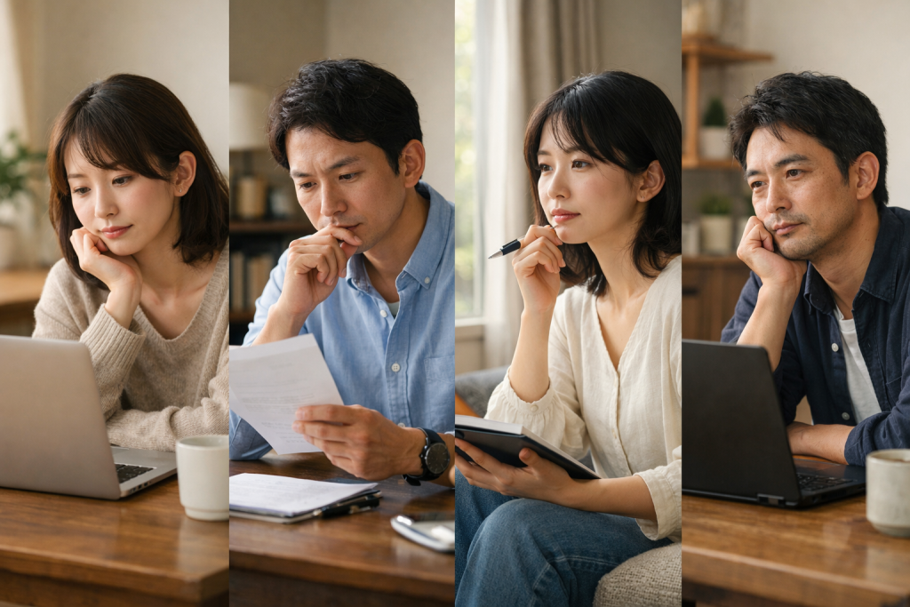 落ち着いた室内でノートパソコンや資料を見ながら静かに考えている