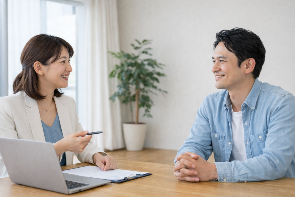 日本人の男女が明るい室内で相談している様子