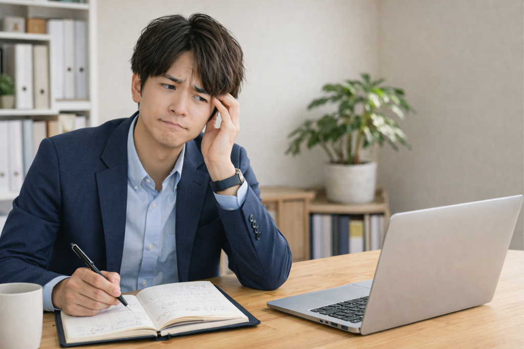 日本人の若い社会人がデスクでスケジュール帳やパソコンを見ながら少し困っている様子