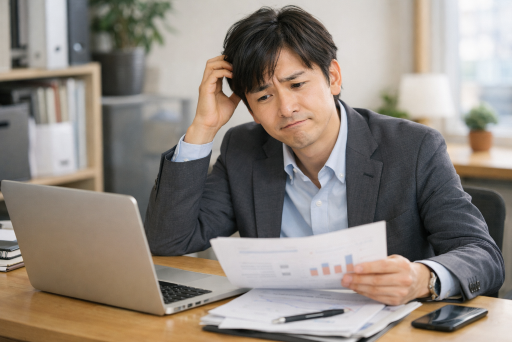 日本人の社会人が職場で少し困っている様子。-_パソコンや書類を前に戸惑っている自然な表情