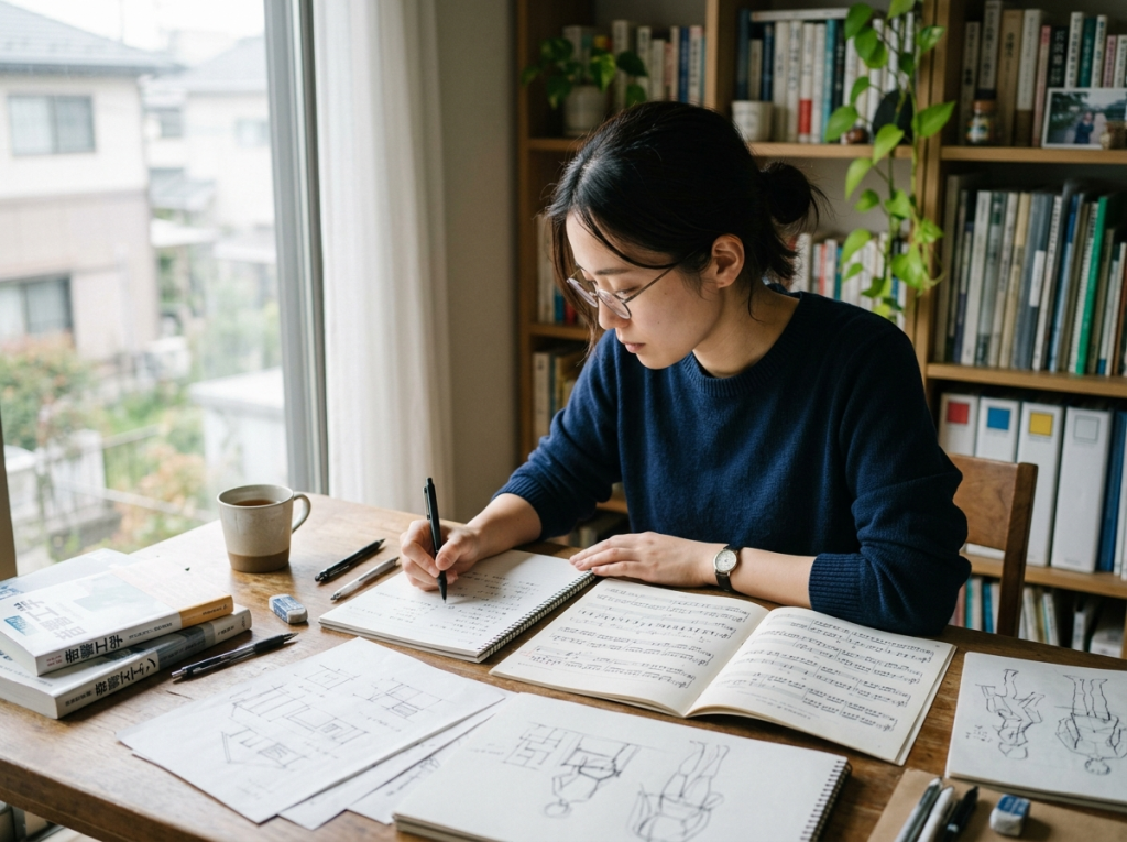 日本人の女性が集中して作業している様子