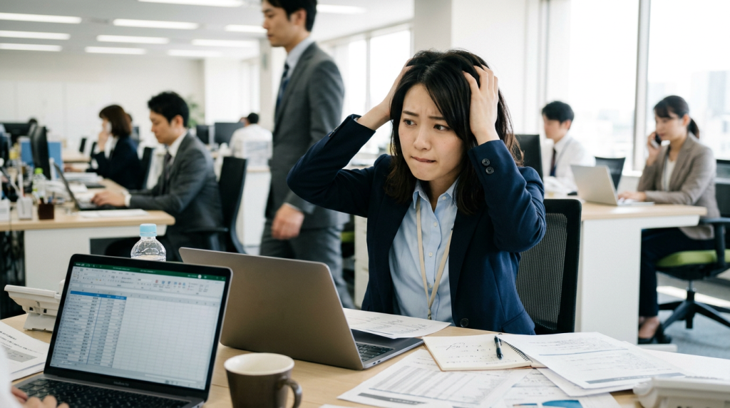 日本人の社会人がオフィスで困っている様子