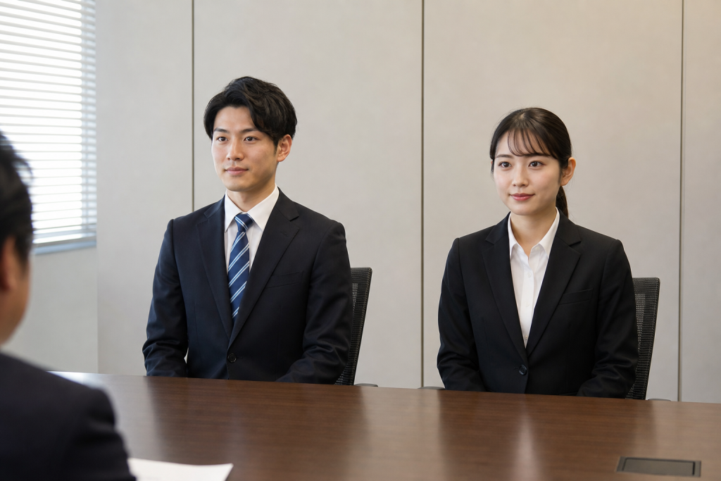 日本人の男女が面接で正しい姿勢で座っている様子
