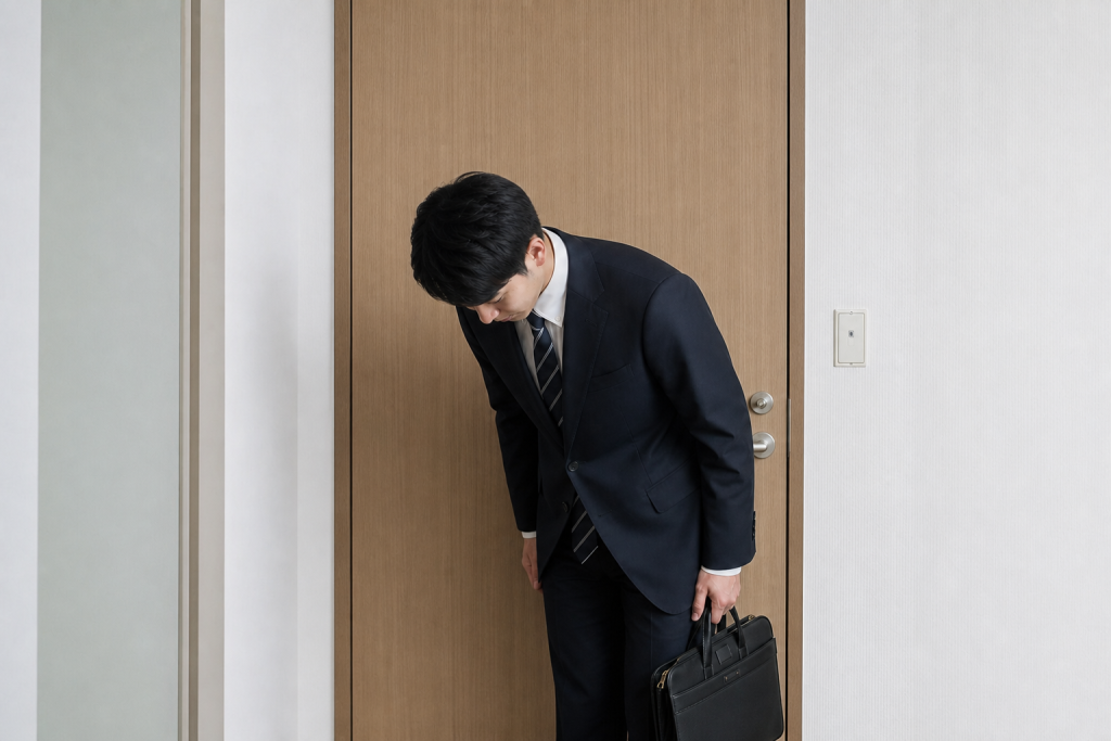 室内に向けてお辞儀