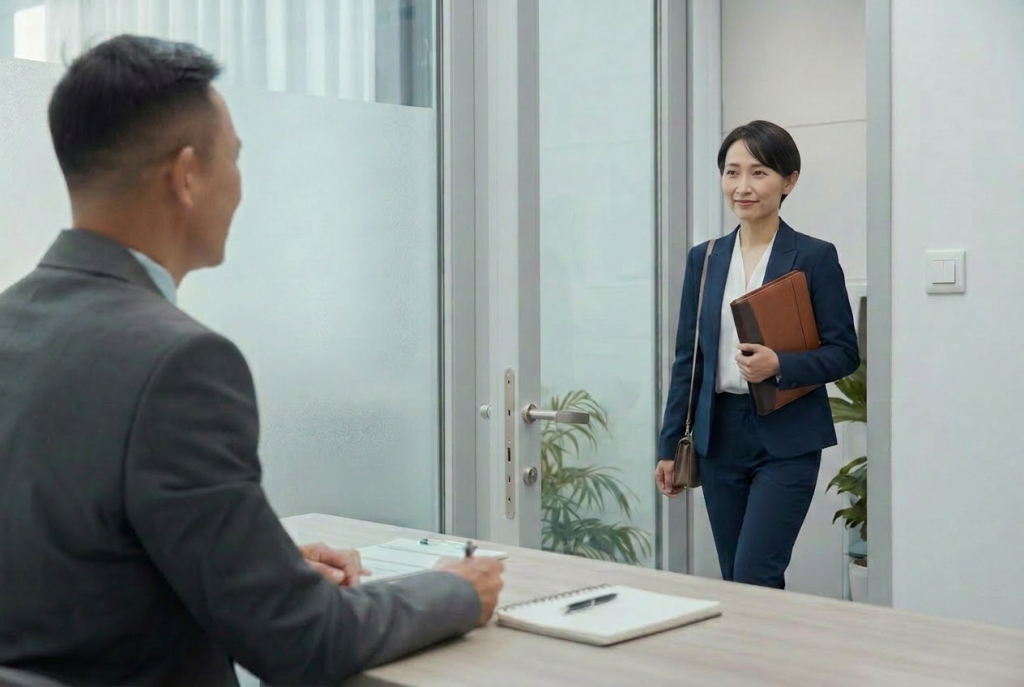 面接室に入室している女性