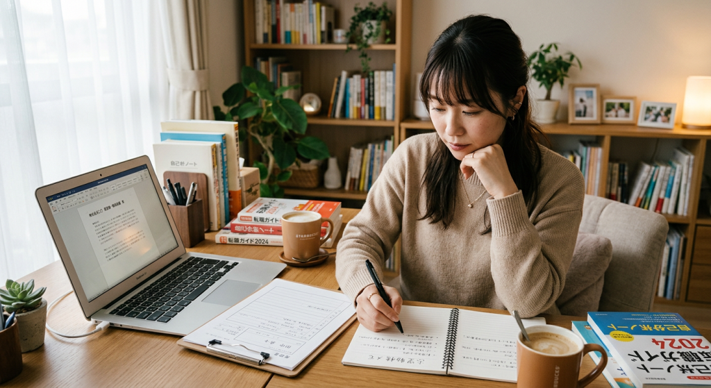 日本人女性20代後半が自宅のデスクで履歴書やノートPCを広げ、志望動機を考えながらメモを書いている様子