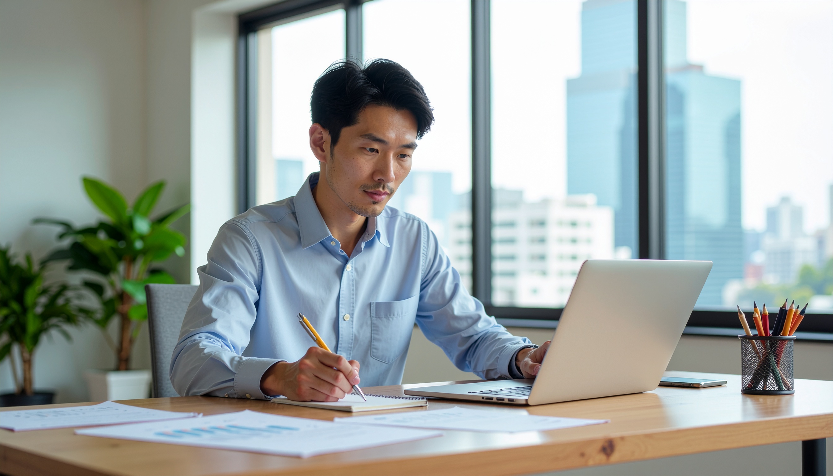  日本人男性30代がノートパソコンで企業ホームページを見ながら自己分析ノートを書いている様子。机には履歴書、企業研究資料、ペン。真剣に考えている表情。現代的なワークスペース