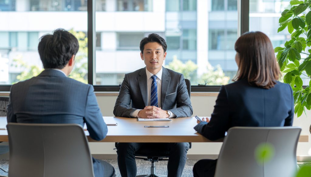 日本人男性30代が企業の面接で志望動機を話している様子。向かい側には男性・女性の面接官2名。応募者は真剣な表情で話し、面接官はメモを取りながら話を聞いている
