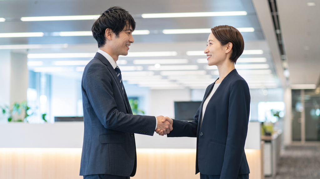日本人男性と女性の求職者が企業から内定通知を受け取り、笑顔で握手しているリアルな写真。オフィスの受付前