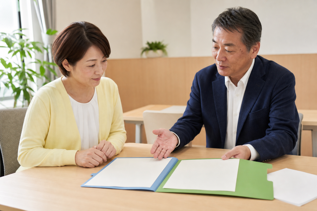就労支援の担当者と資料を見ながら自分に合う働き方を相談する女性