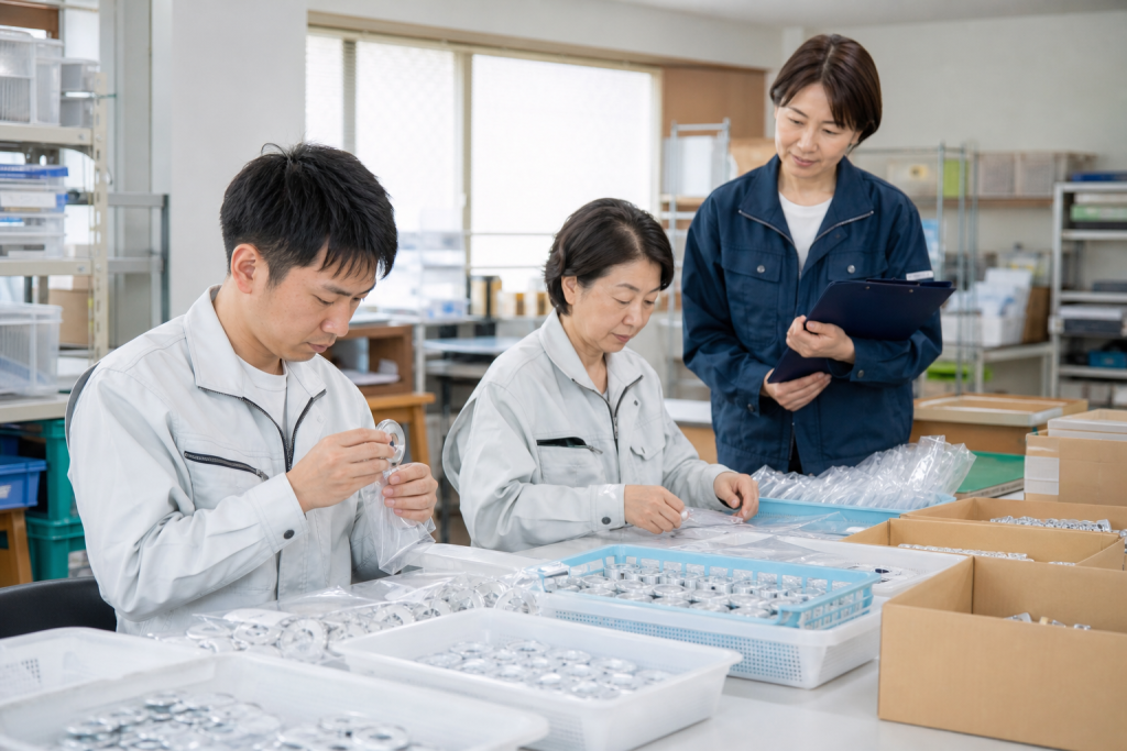 就労継続支援A型の作業場で製品の検品と袋詰めを行う男女と支援員