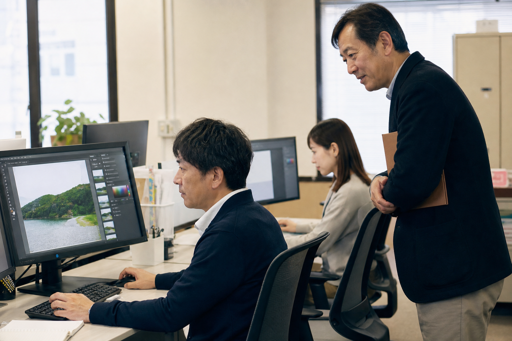 就労継続支援A型の事業所で画像編集とデータ入力に取り組む利用者と支援員