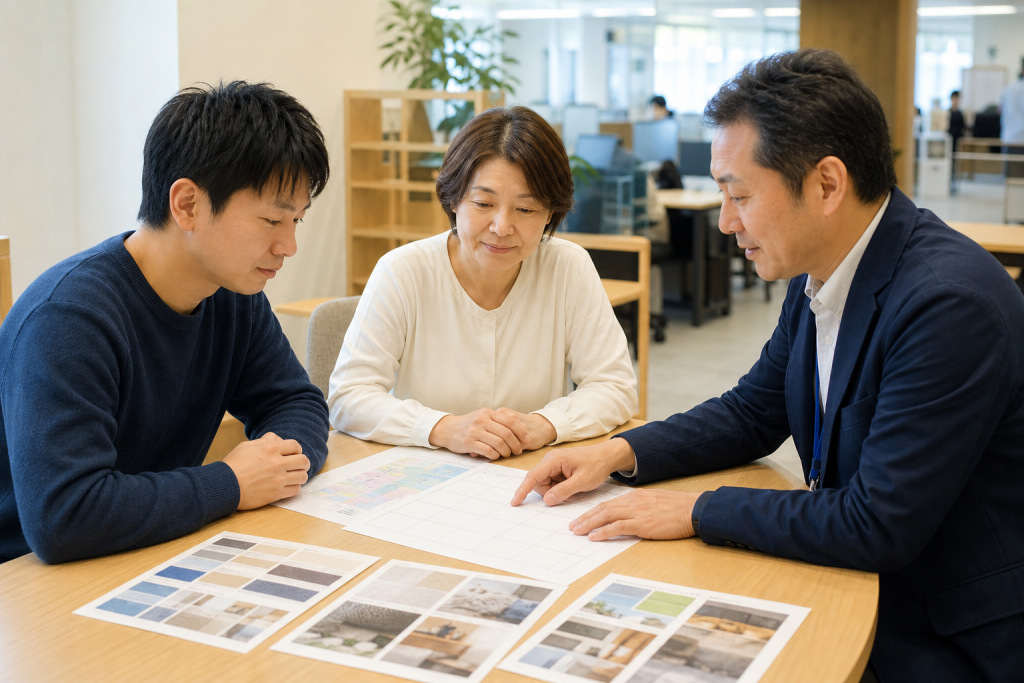勤務条件や仕事内容の資料を見ながら支援担当者と話し合う男女